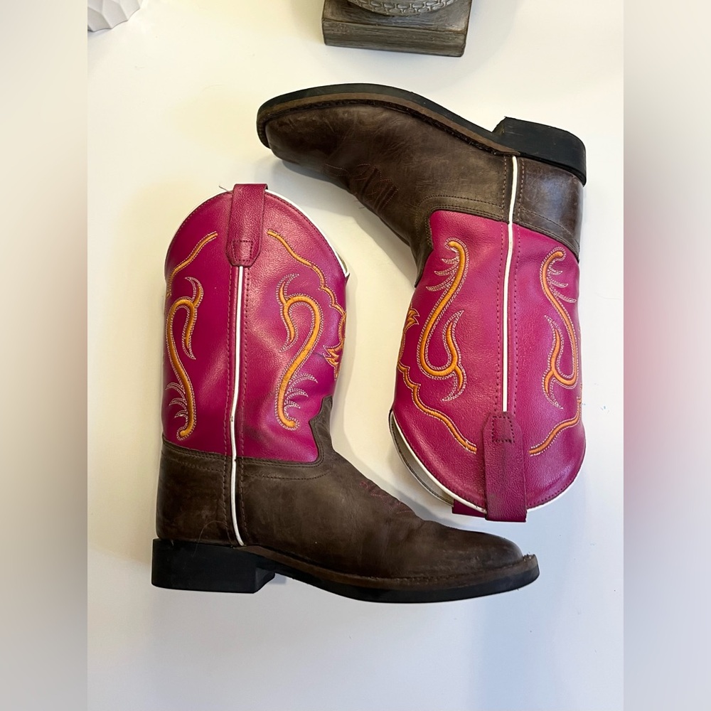 OLD WEST Shyanne Pink and Brown Cowgirl Boots Size 3 Discontinued Style
